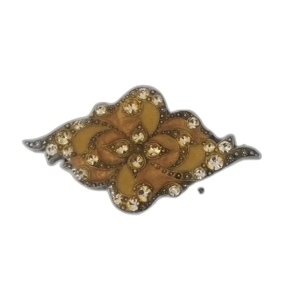 1960s Enamel Crystal Adorned Floral Yellow Wide Silver Tone Abstract Brooch